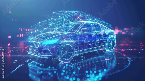 In the Future hybrid car, car connects graphic icon control system traffic information,  global network connection,