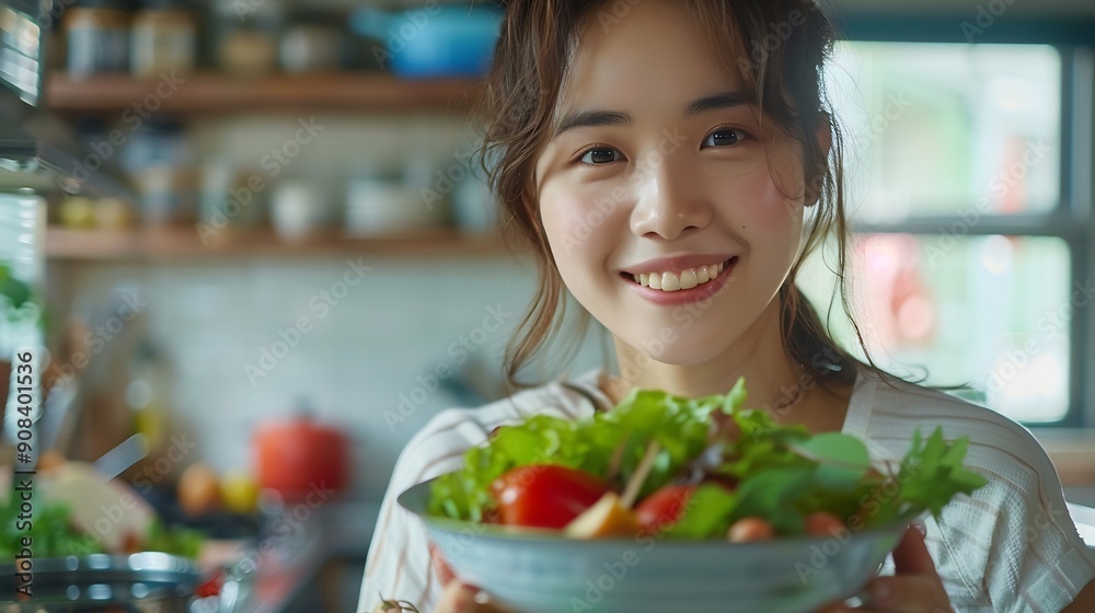 eat healthy smiling Asian pretty female eating salad with fruits and vegetables in kitchen : Generative AI eat healthy smiling Asian pretty female eating salad with fruits and vegetables in kitchen : Generative AI