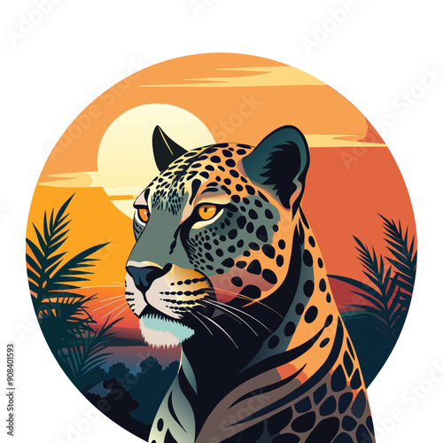 Jaguar at sunset. Ready for t-shirt print, Vector illustration.