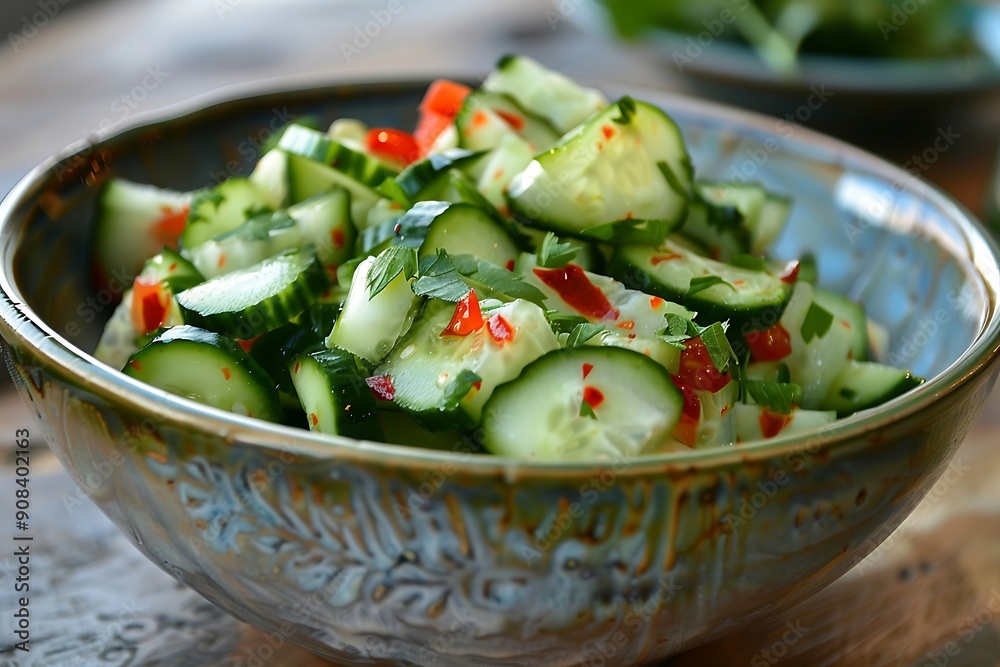 Cucumber salad with parsley and spices in a bowl on the table Cucumber salad with parsley and spices in a bowl on the table