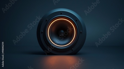 A black speaker with an orange glowing rim on a dark blue surface. photo