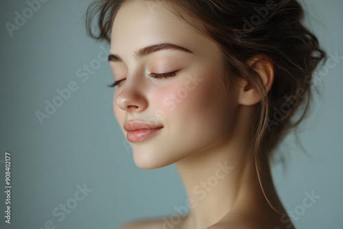 A close up of a girl's face with her eyes closed