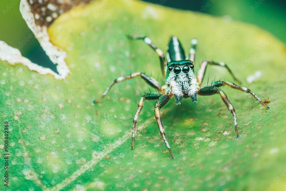 Fototapeta premium Jumping spider on green leaf.