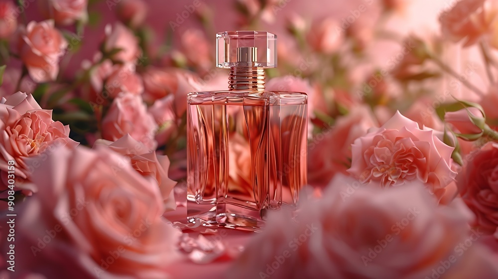 Front view of a transparent perfume bottle with a luxurious design surrounded by fresh roses on a pink background Mockups for advertising : Generative AI Front view of a transparent perfume bottle with a luxurious design surrounded by fresh roses on a pink background Mockups for advertising : Generative AI