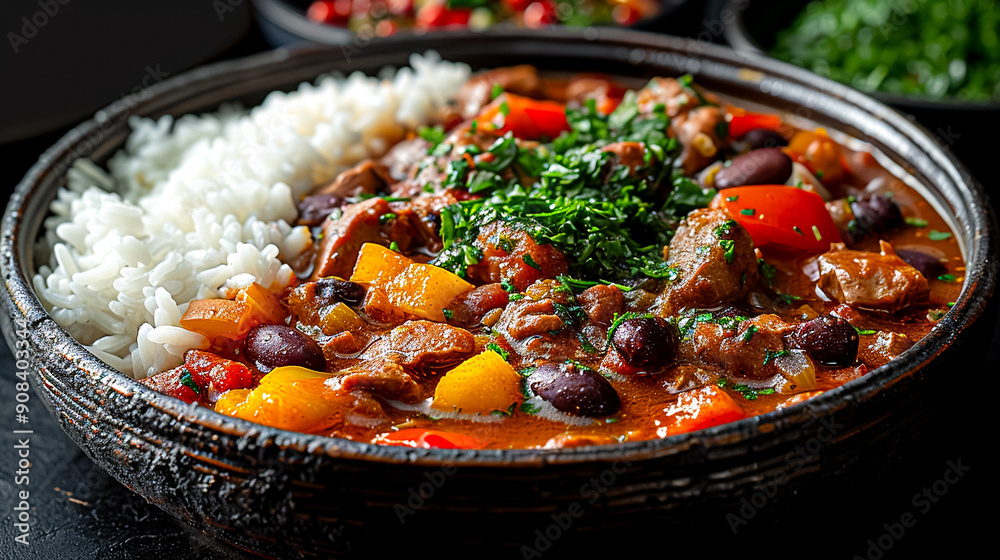 A bowl of food with rice and beans and vegetables A bowl of food with rice and beans and vegetables