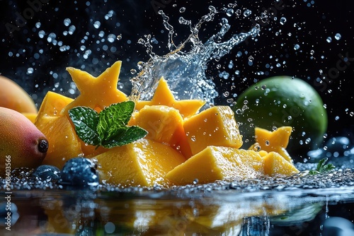 A fresh fruit with a splash of water on top