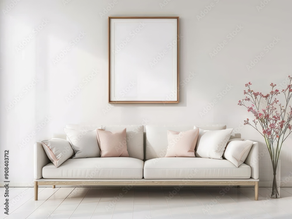 A cozy living room featuring a modern white sofa adorned with cushions and a decorative vase against a neutral wall. A cozy living room featuring a modern white sofa adorned with cushions and a decorative vase against a neutral wall.