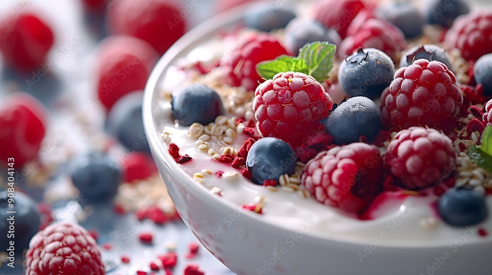 Close up of healthy yogurt and fruit smoothie bowl decorated with raspberry blueberry and puffed quinoa grain : Generative AI Close up of healthy yogurt and fruit smoothie bowl decorated with raspberry blueberry and puffed quinoa grain : Generative AI