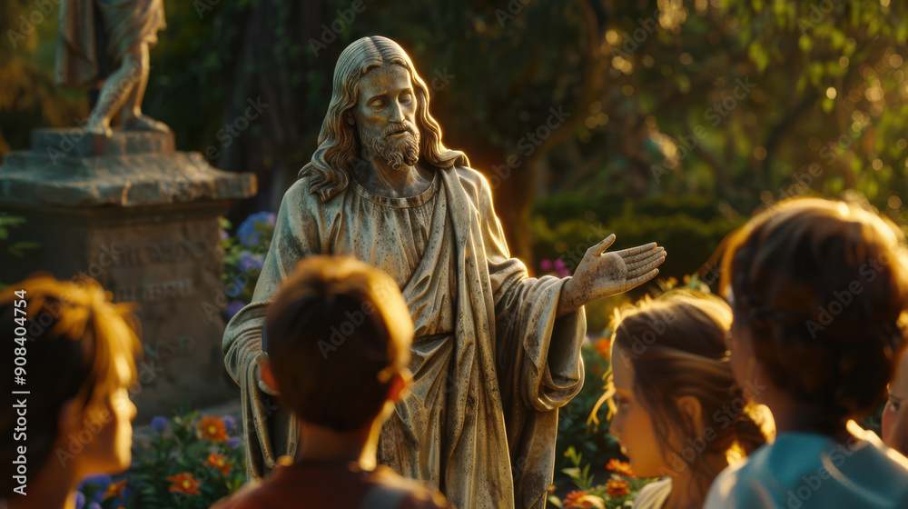 A lifelike sculpture of Jesus Christ in a garden setting, with children gathered around, teaching with a gentle expression A lifelike sculpture of Jesus Christ in a garden setting, with children gathered around, teaching with a gentle expression