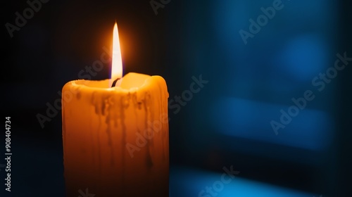 A single candle burning in the dark, with wax dripping down the side. photo