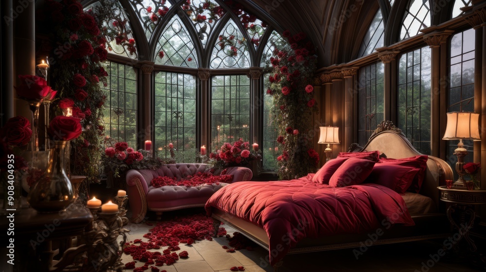 Fototapeta premium Elegant living room with red roses and luxurious decor.