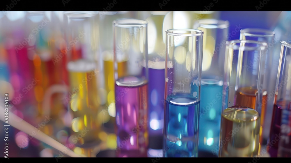 Close-up of test tubes with various colored liquids in a laboratory. Close-up of test tubes with various colored liquids in a laboratory.