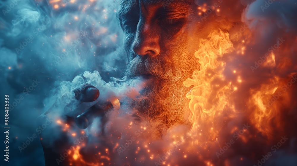 Bearded Man Surrounded by Fire and Smoke, Suitable for Fantasy and Dramatic Art in Blue and Orange Hues Bearded Man Surrounded by Fire and Smoke, Suitable for Fantasy and Dramatic Art in Blue and Orange Hues