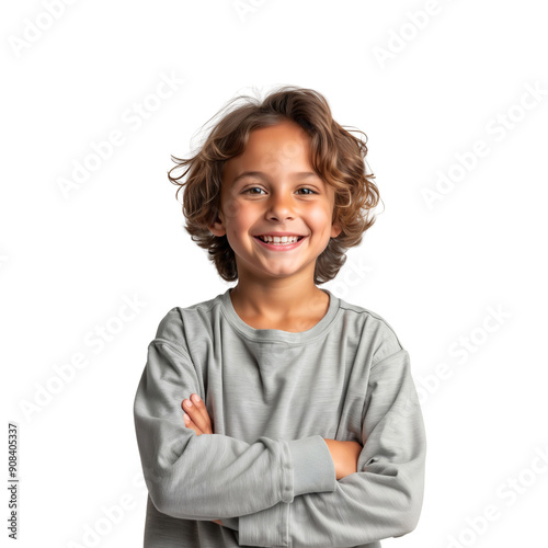 Smiling teenager boy wearing casual clothes standing with happy face and crossed arms, isolated on white background