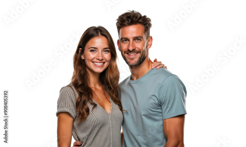 Obraz na płótnie Portrait of happy young couple hugging and smiling isolated on transparent background w salonie