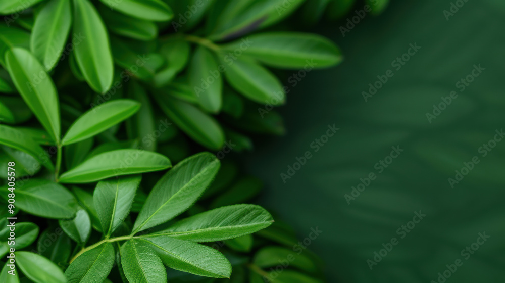 Fototapeta premium A lush, vibrant green foliage of tropical leaves with detailed, fresh textures on a blurred dark green background, creating a serene and natural atmosphere.