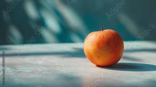 A red apple with a yellow hue sits on a table with a blue backdrop.