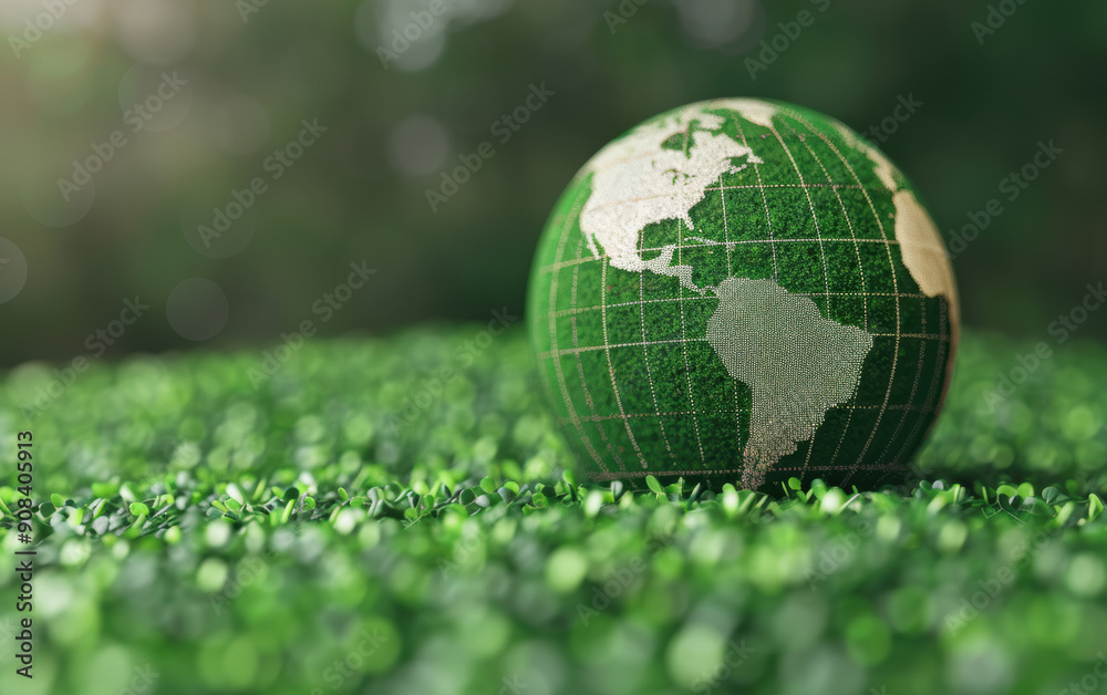 Green Earth globe resting on vibrant green leaves symbolizing environmental sustainability and global conservation efforts. Green Earth globe resting on vibrant green leaves symbolizing environmental sustainability and global conservation efforts.