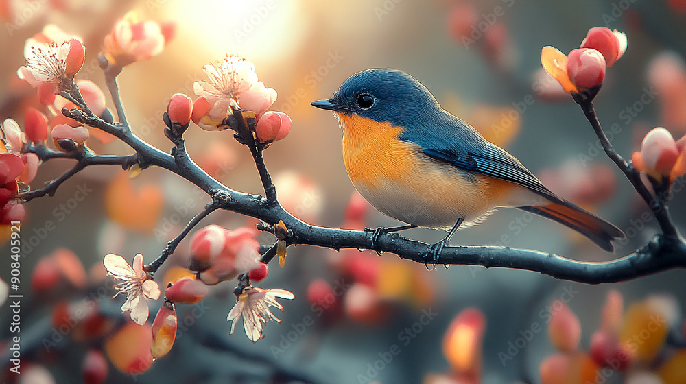 Obraz premium A blue and orange bird is perched on a branch of a tree with pink flowers