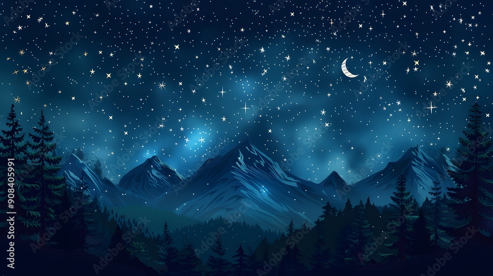Obraz premium A serene night landscape with a full moon, stars, mountains, trees, and a reflective lake. The tranquil scene captures the beauty of nature under the night sky.