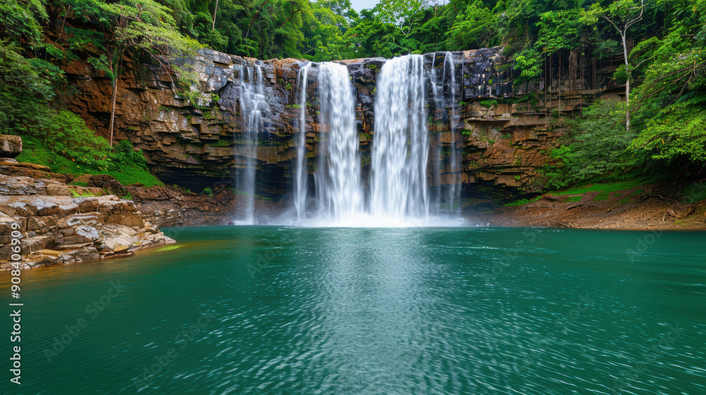 Scenic waterfall cascading into a tranquil green pool surrounded by lush forest, perfect for nature and landscape lovers. Scenic waterfall cascading into a tranquil green pool surrounded by lush forest, perfect for nature and landscape lovers.
