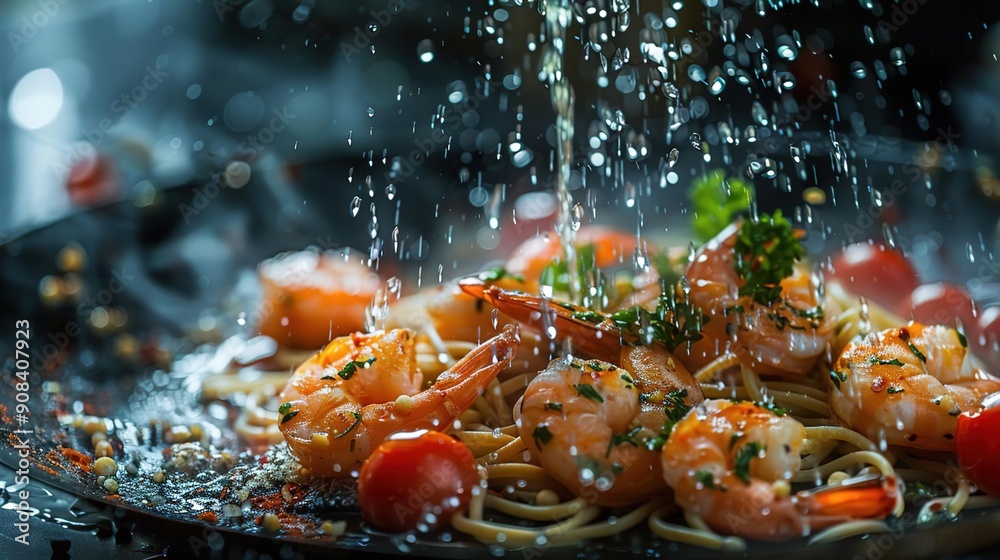 Delicious Shrimp and Spaghetti Pasta with Tomato Garnish, Realistic Food Photography