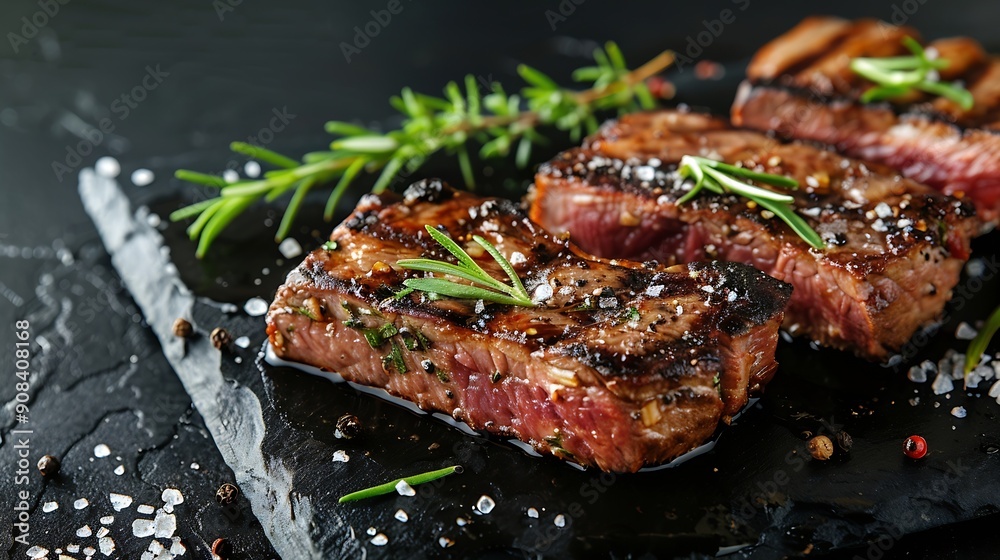 Barbecue dry aged wagyu ribeye beef steaks with herb and black salt served as closeup on a black board with copy space right : Generative AI Barbecue dry aged wagyu ribeye beef steaks with herb and black salt served as closeup on a black board with copy space right : Generative AI