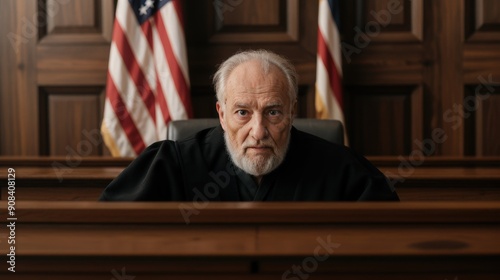 Senior judge in courtroom with American flags, ready to rule. Legal setting conveying justice, authority, and solemnity.