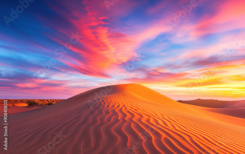 Breathtaking view of a vibrant desert landscape at sunset, showcasing orange sand dunes and a dramatic, colorful sky with dynamic cloud formations.