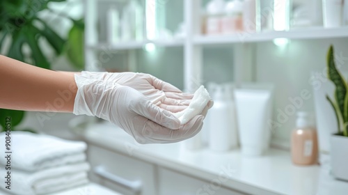 Female beauty clinic nurse wearing sterile latex gloves