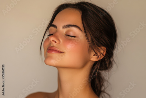 A close up of a girl's face with her eyes closed