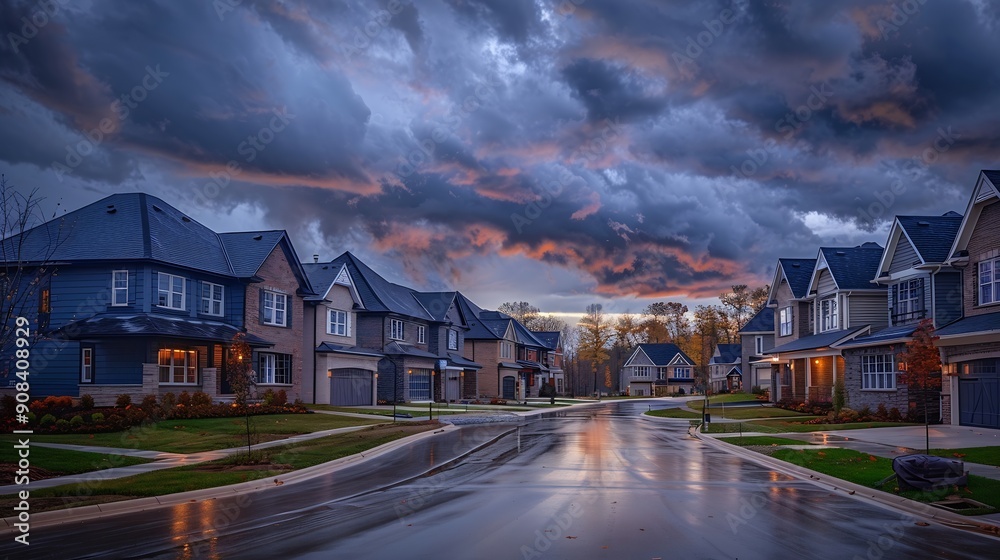 Pamorama of a row of newly built homes on a new street under a stormy sky : Generative AI