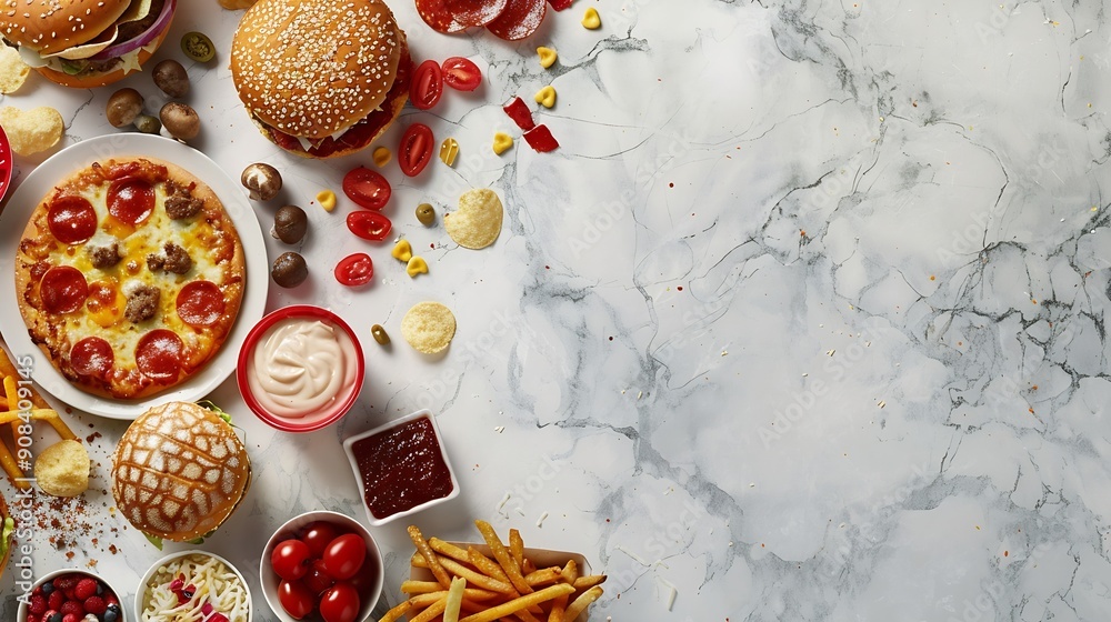 Junk food table scene scattered over a white marble background Collection of take out and fast foods Pizza hamburgers french fries chips hot dogs sweets Top view : Generative AI Junk food table scene scattered over a white marble background Collection of take out and fast foods Pizza hamburgers french fries chips hot dogs sweets Top view : Generative AI