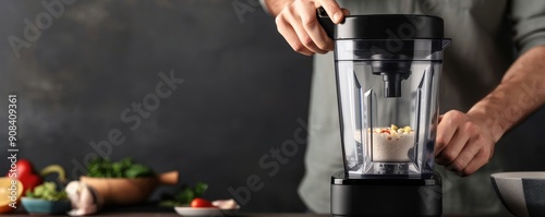 A close-up of a person using a modern blender to mix ingredients, with fresh produce in the background, emphasizing healthy cooking.