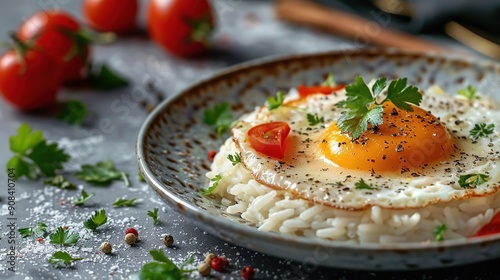 Fried Egg on Rice with Parsley and Tomato - Realistic Food Image