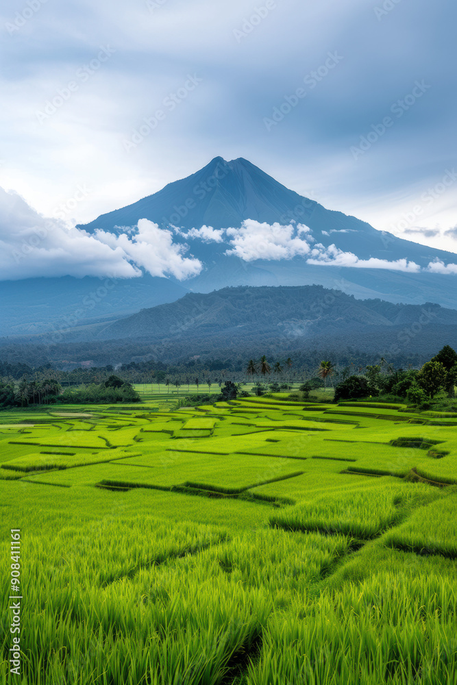 Lush green rice fields stretch towards the horizon with a towering volcano engulfed in clouds under a moody sky in the background. Lush green rice fields stretch towards the horizon with a towering volcano engulfed in clouds under a moody sky in the background.