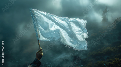 A frayed white flag waves amidst a misty landscape, symbolizing surrender and peace in the aftermath of turmoil and conflict.