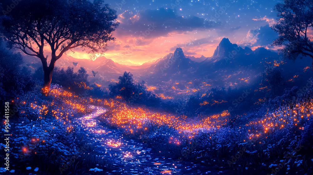 Naklejka premium A beautiful landscape with a path through a field of flowers