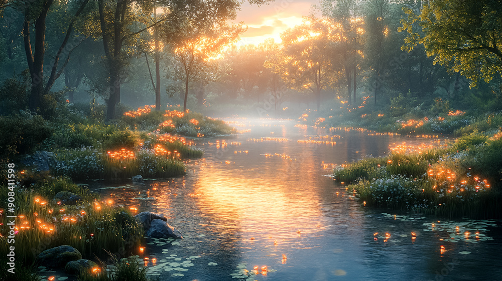 A forest with a river and a sunset in the background A forest with a river and a sunset in the background