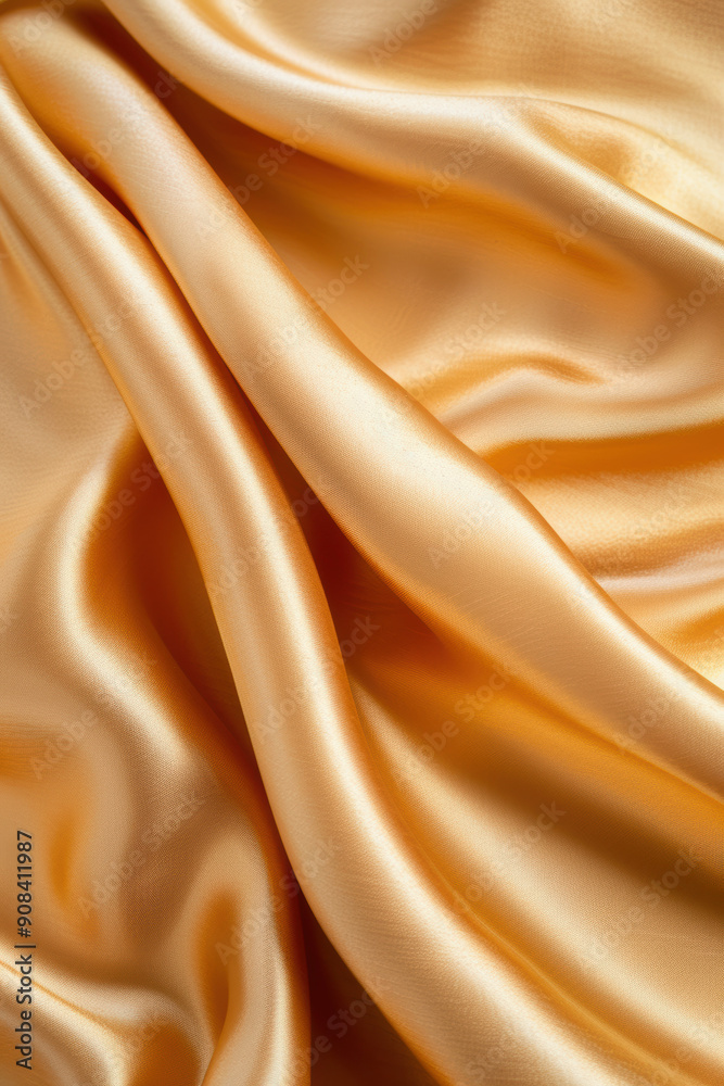 Fototapeta premium Smooth and luxurious golden satin fabric with elegant folds and dramatic lighting, creating a warm and inviting atmosphere.