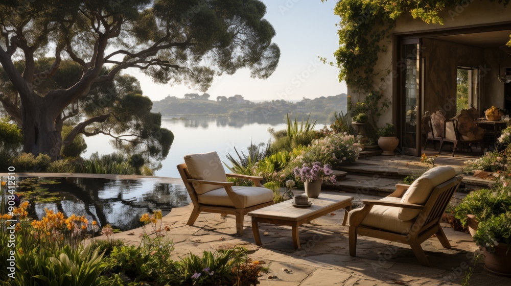 Obraz premium Serene garden with wooden chairs by a pond.