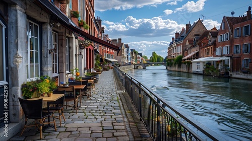 Amiens old town SaintLeu quarter embankment promenade of Somme river street restaurants and cafe typical houses stone bridge in historical city centre France landmarks HautsdeFrance Re : Generative AI photo