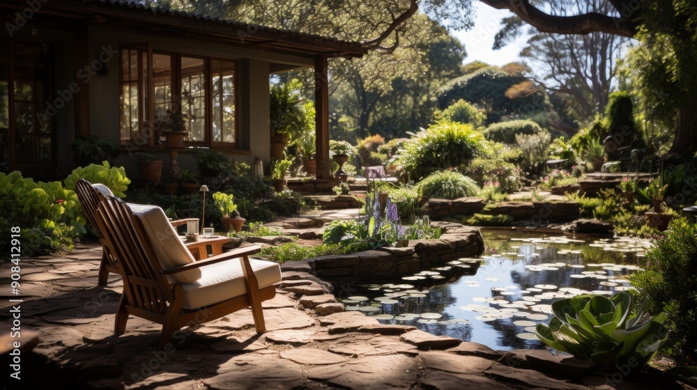 Obraz premium Serene garden with wooden chairs by a pond.