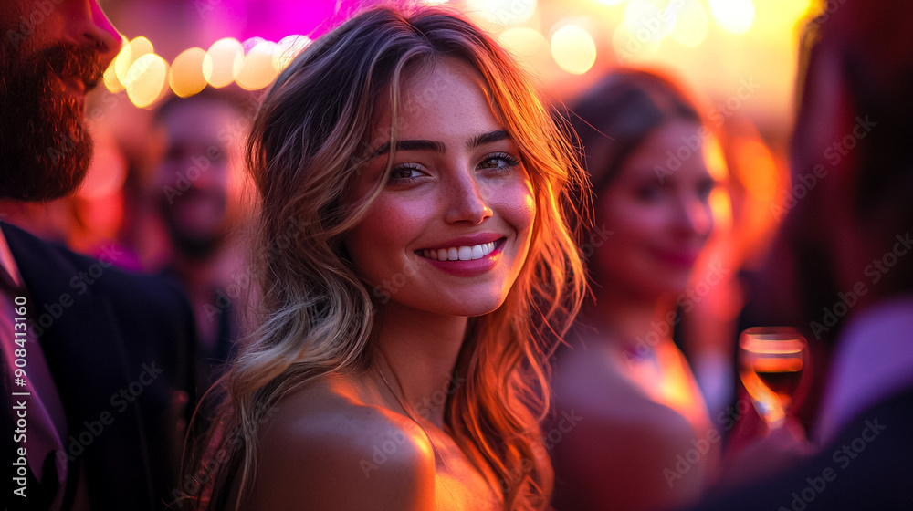 A woman with long blonde hair is smiling at the camera
