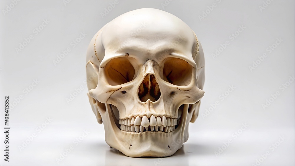Realistic front view of a skull, perfect for medical studies or spooky graphics. High detail with a focus on bone structure Realistic front view of a skull, perfect for medical studies or spooky graphics. High detail with a focus on bone structure