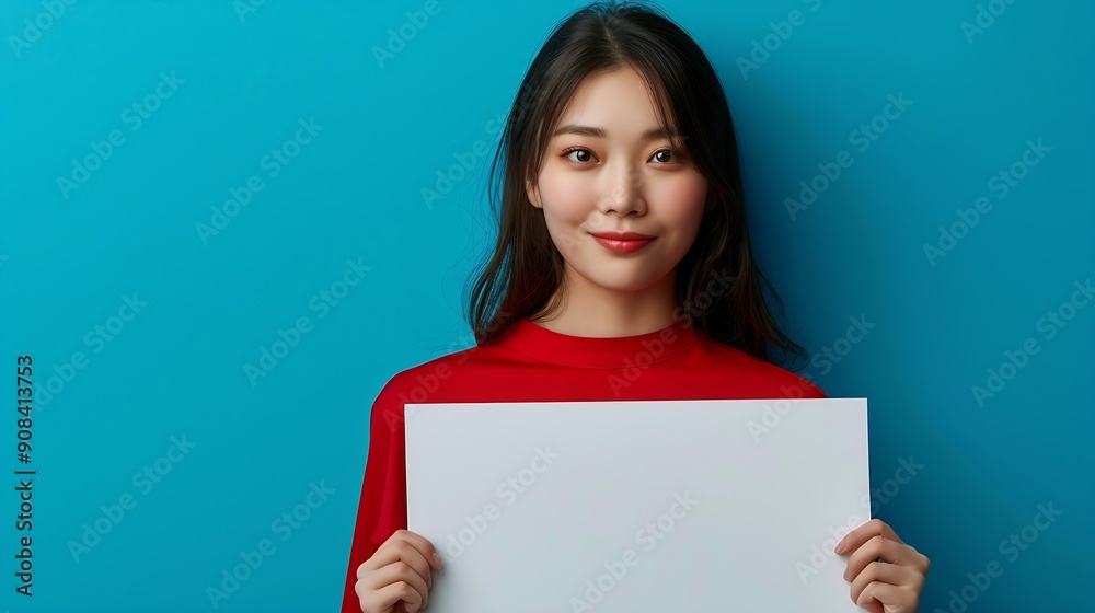 Asian woman wearing red shirt showing and holding blank white billboard isolated on blue background : Generative AI Asian woman wearing red shirt showing and holding blank white billboard isolated on blue background : Generative AI