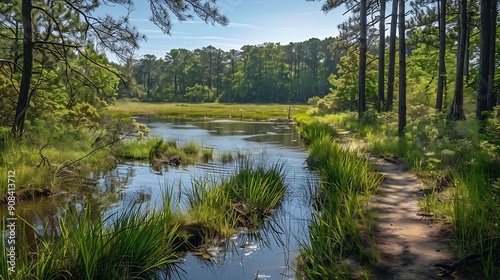 The Gordons Pond Trail wanders through nature at Cape Henlopen State Park on the Eastern Shore This 32mile accessible trail offers stunning views : Generative AI