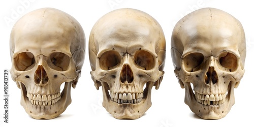 Three skulls with different angles, great for medical illustrations or horror designs. Detailed and realistic bone textures