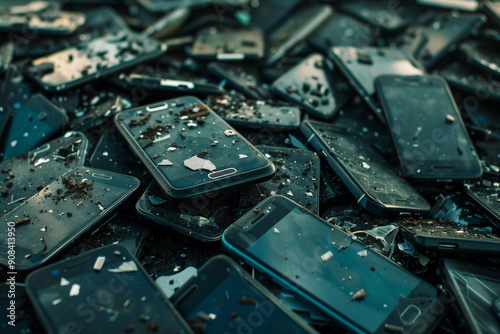  Discarded and broken smartphones representing the e-waste crisis photo