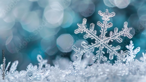 A single, perfectly formed snowflake resting on a bed of other snowflakes.